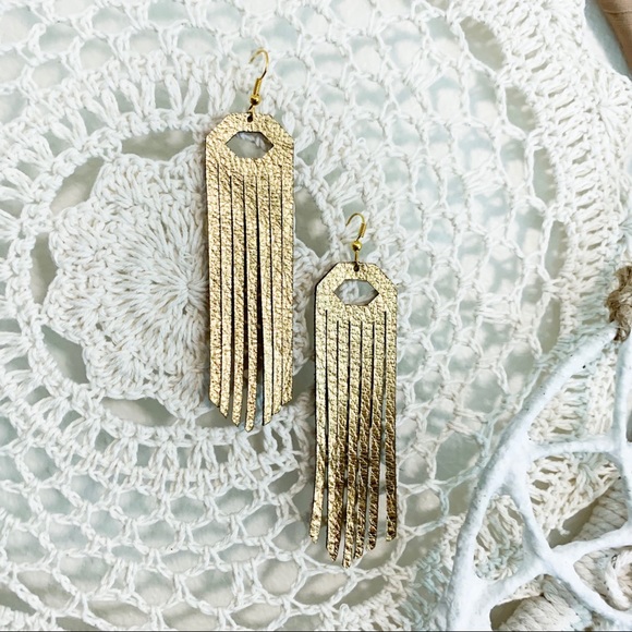 Gold Leather Fringe Earrings - Picture 2 of 4